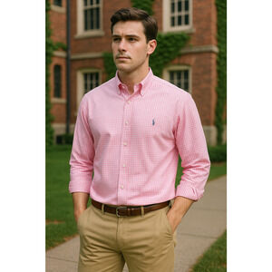 VTG Ralph Lauren Classic Fit Shirt Pink Gingham Check Cotton Pony Logo Mens LRG